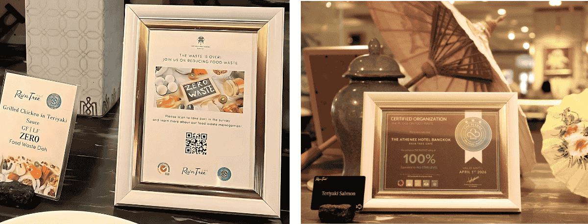 Signage on a table inviting guests to join a food waste initiative, featuring a QR code to scan and the Rain Tree Café's PLEDGE on Food Waste All-Star Level certificate displayed prominently for guests to see.