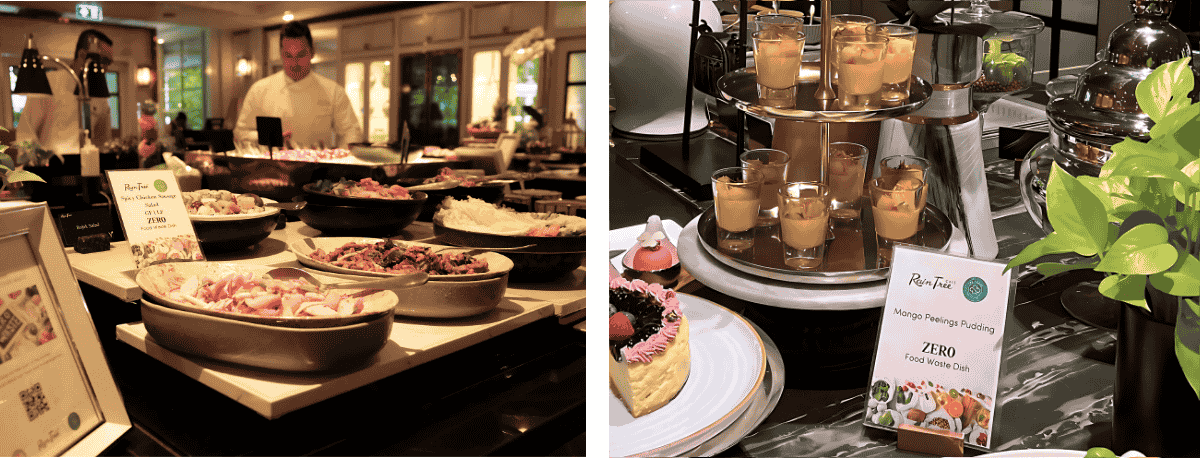 Smaller portions of fresh, colourful dishes displayed appealingly on a buffet table, showcasing Rain Tree Café's smaller-batch replenishment strategy.