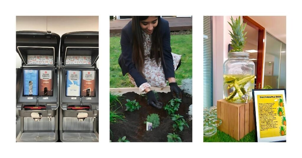 How Sheraton Heathrow Reduces Food Waste Food waste reduction strategies at Sheraton Heathrow: a liquid coffee machine that eliminates grounds waste, the fresh in-house herb garden, and a glass of refreshing melon peel infused water.