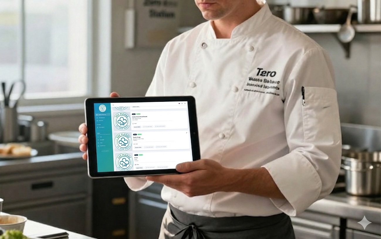 A close-up photograph of a male chef in a white toque and grey apron, wearing orange gloves, using a metal scoop to sift through a deep vat of a light brown, earthy granular material, possibly a soil amendment or animal feed, in a commercial kitchen setting. The chef is looking down into the vat. Another chef with dark hair and black gloves works alongside him, slightly obscured. Overhead light and kitchen equipment are visible in the background. A small circular logo, "THE PLEDGE ON FOOD WASTE," is visible in the top right.