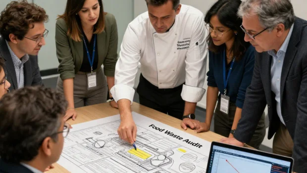 A diverse group of five professionals and a chef in a white uniform gathered around a large wooden table in an office setting. They are leaning in, focused on a large technical diagram labeled "Food Waste Audit" spread out on the table. The chef is pointing at a specific section of the diagram with a blue pen. Laptops and ID badges are visible, suggesting a formal consulting or auditing session.