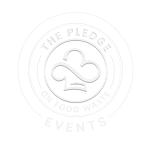 Circular logo reading “The PLEDGE on Food Waste Events” with a stylized chef’s hat icon in the center on a black background.