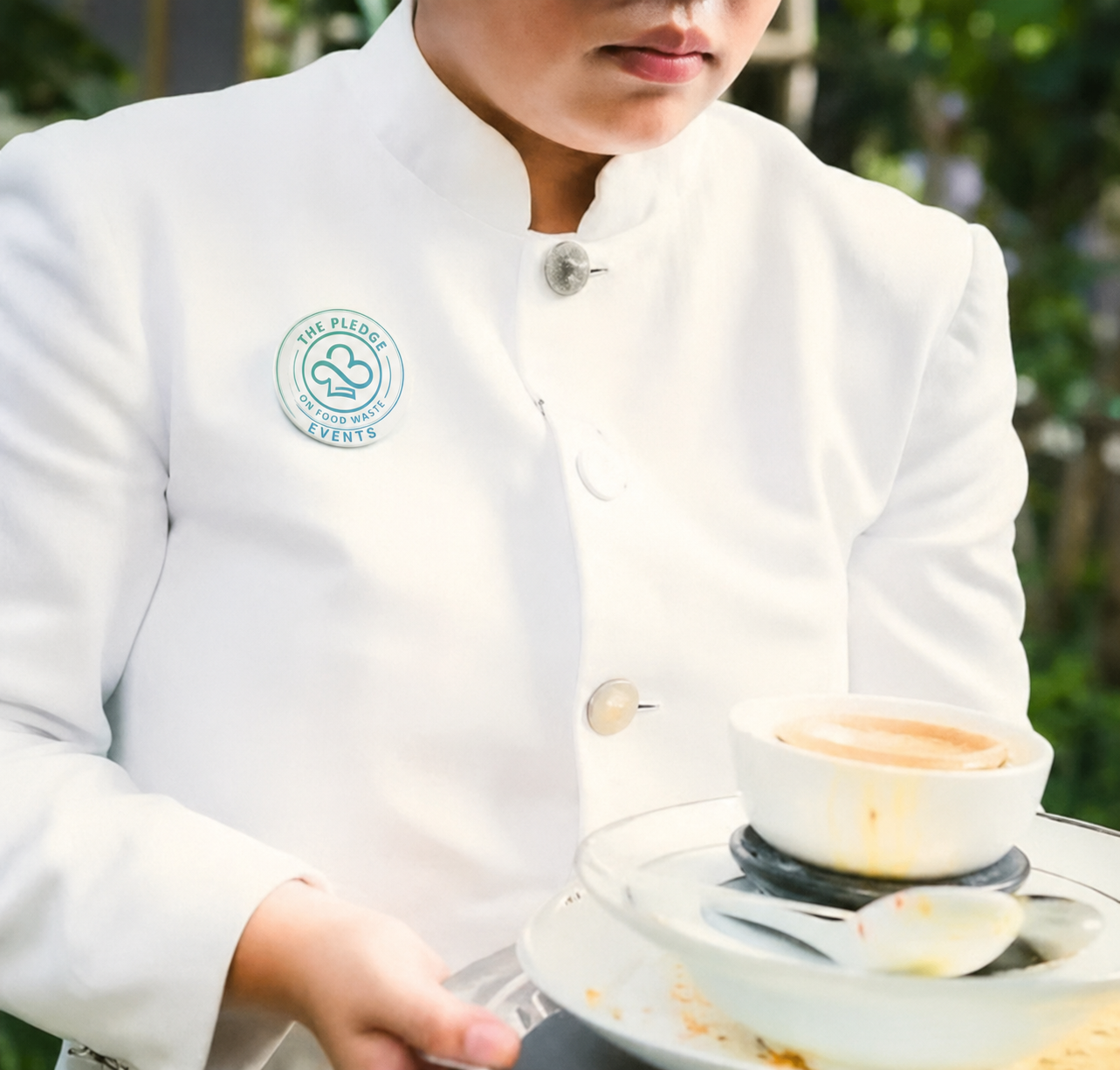 Close-up of a server in a white uniform wearing a “The PLEDGE on Food Waste Events” badge, carrying a tray with a partially eaten dish.