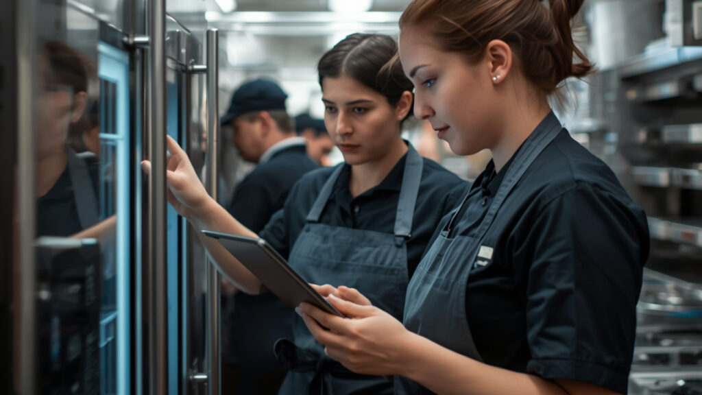 Two hotel kitchen staff members using the Squizify digital platform on a tablet to track food waste and monitor compliance for The PLEDGE on Food Waste certification.