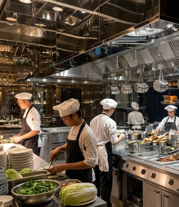 Professional chefs preparing dishes in a modern commercial restaurant kitchen with an open cooking station and stainless steel equipment. The image highlights food waste certification restaurant operations, zero waste kitchen workflows, and certified restaurant chef practices in a high-volume hospitality setting.