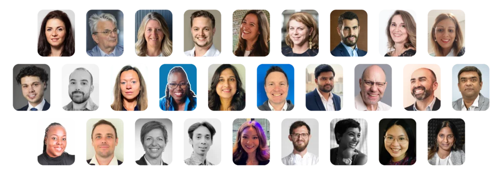 A collage of professional headshots representing a diverse global network of accredited sustainability consultants, advisors, and industry experts from multiple countries and sectors.